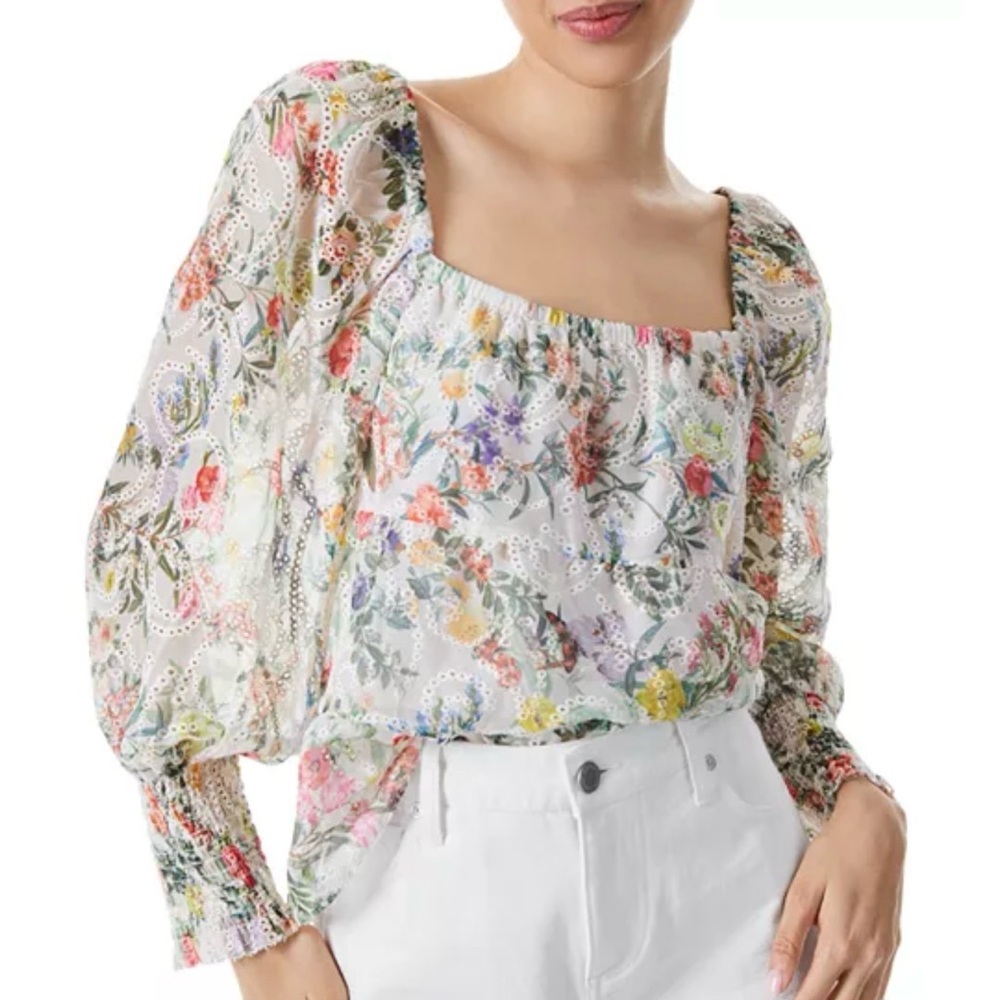 Alive + Olivia Rowa Eyelet Square Floral Sheer Women's Top Blouse Size L Large
